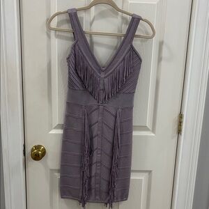 bebe Lavender Fringe V‑Neck Bodycon Mini Dress